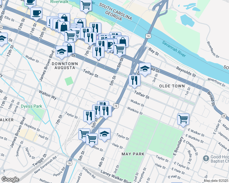 map of restaurants, bars, coffee shops, grocery stores, and more near 452 Telfair Street in Augusta