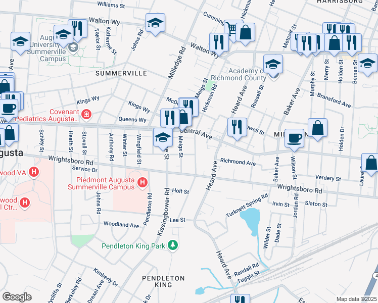 map of restaurants, bars, coffee shops, grocery stores, and more near 1215 Hickman Road in Augusta