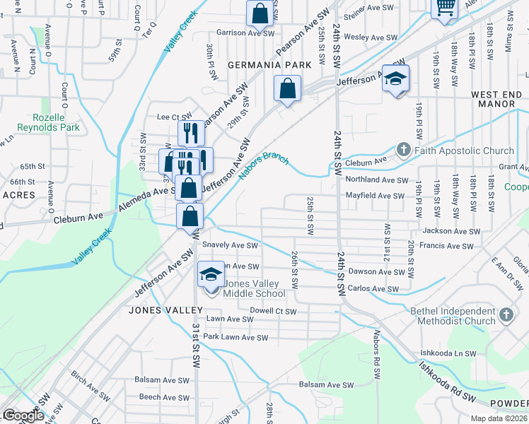 map of restaurants, bars, coffee shops, grocery stores, and more near 2716 Powderly Avenue Southwest in Birmingham