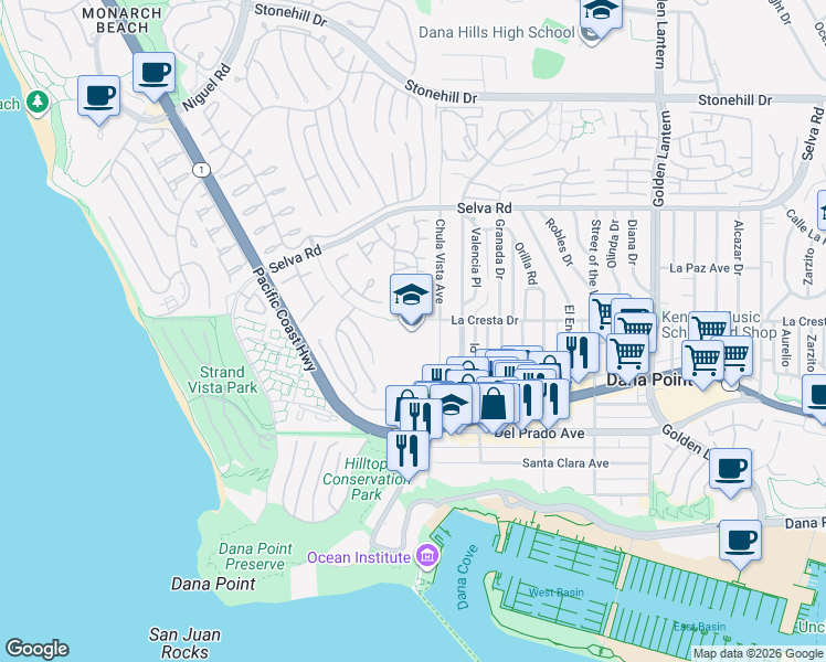 map of restaurants, bars, coffee shops, grocery stores, and more near 24242 La Cresta Drive in Dana Point