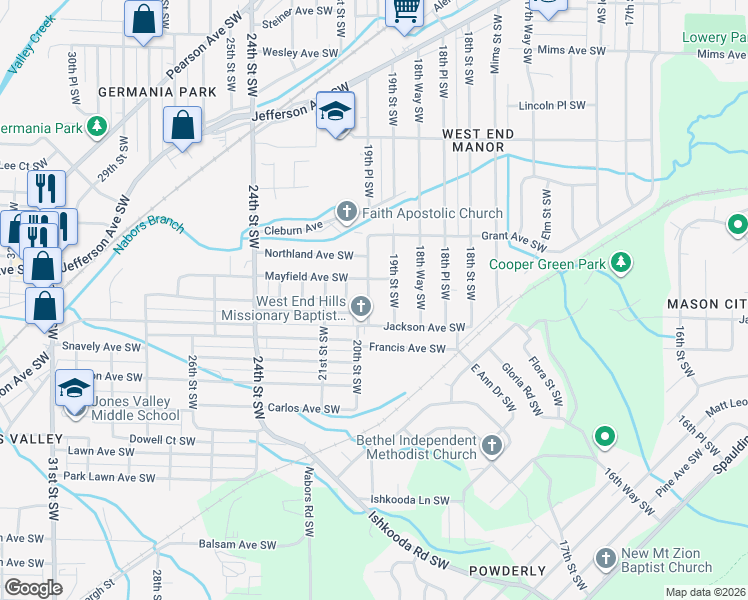 map of restaurants, bars, coffee shops, grocery stores, and more near 1656 19th Place Southwest in Birmingham
