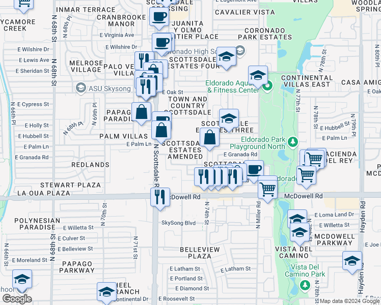map of restaurants, bars, coffee shops, grocery stores, and more near 7253 East Palm Lane in Scottsdale