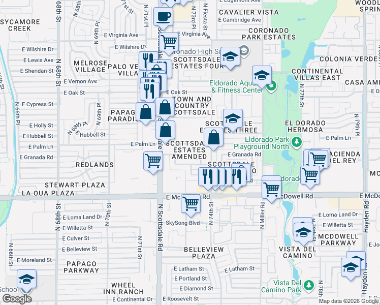 map of restaurants, bars, coffee shops, grocery stores, and more near 7253 East Palm Lane in Scottsdale