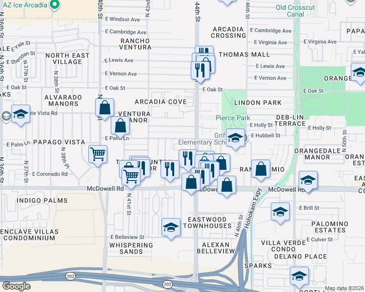 map of restaurants, bars, coffee shops, grocery stores, and more near 4334 East Palm Lane in Phoenix