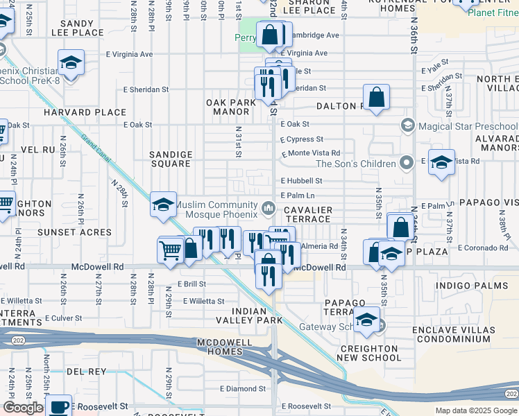 map of restaurants, bars, coffee shops, grocery stores, and more near 3130 East Palm Lane in Phoenix