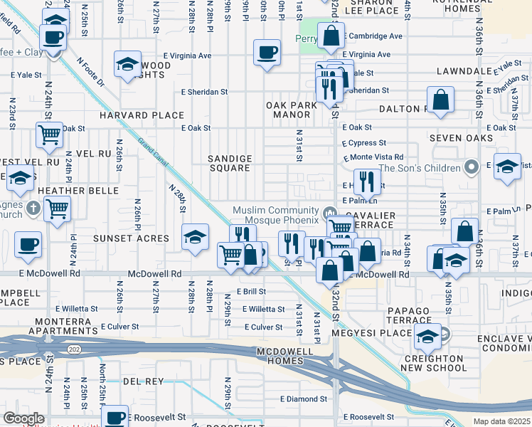 map of restaurants, bars, coffee shops, grocery stores, and more near 3000 East Palm Lane in Phoenix