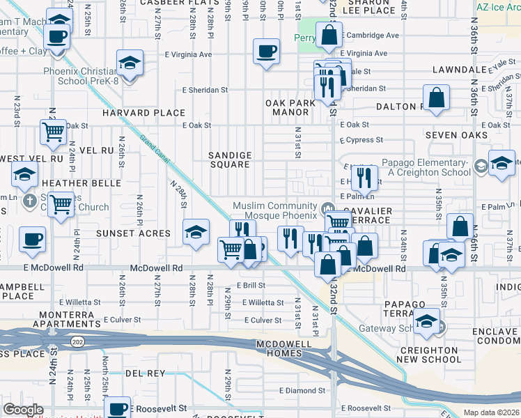 map of restaurants, bars, coffee shops, grocery stores, and more near 3000 East Palm Lane in Phoenix