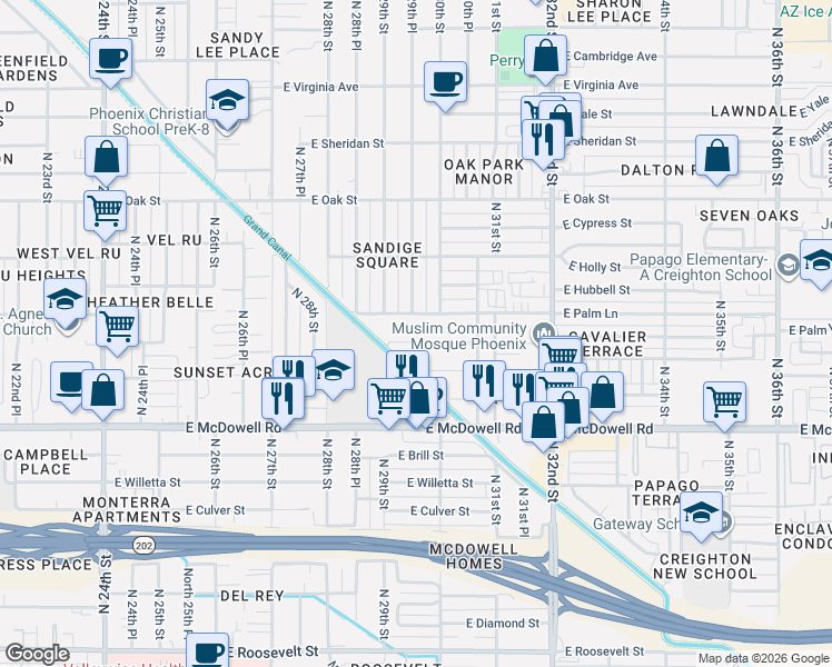 map of restaurants, bars, coffee shops, grocery stores, and more near 2002 North 29th Place in Phoenix