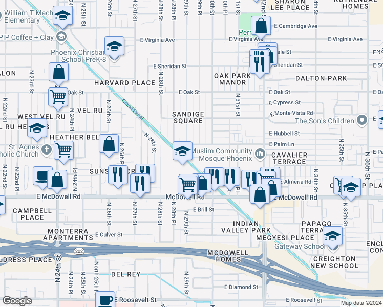 map of restaurants, bars, coffee shops, grocery stores, and more near 2002 North 29th Place in Phoenix