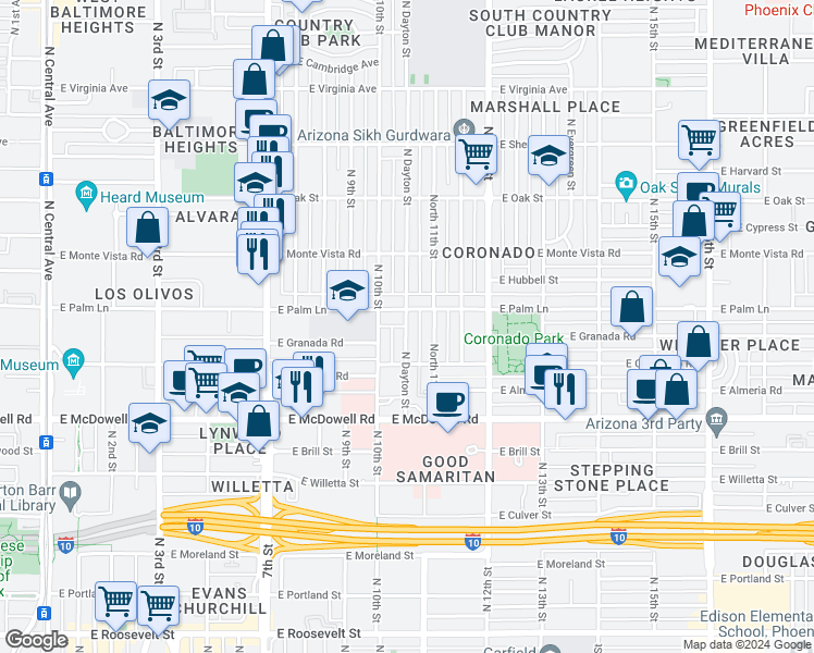 map of restaurants, bars, coffee shops, grocery stores, and more near 1040 East Palm Lane in Phoenix