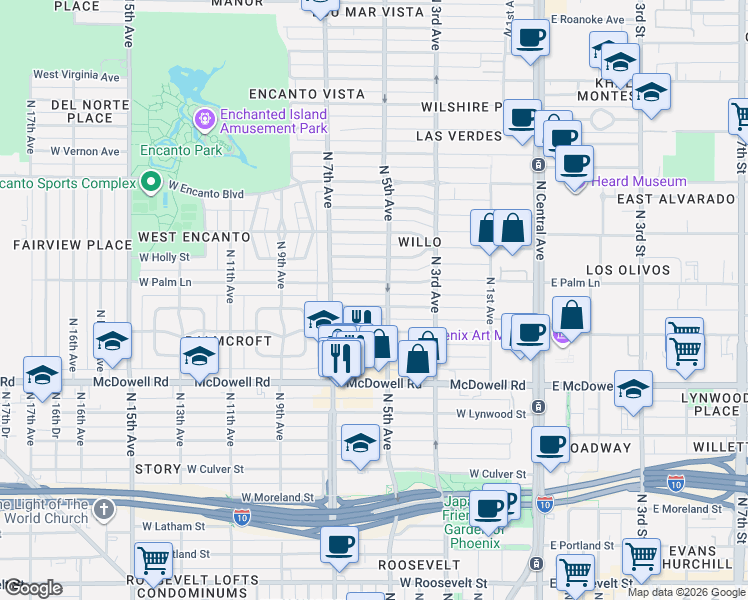 map of restaurants, bars, coffee shops, grocery stores, and more near 522 West Palm Lane in Phoenix