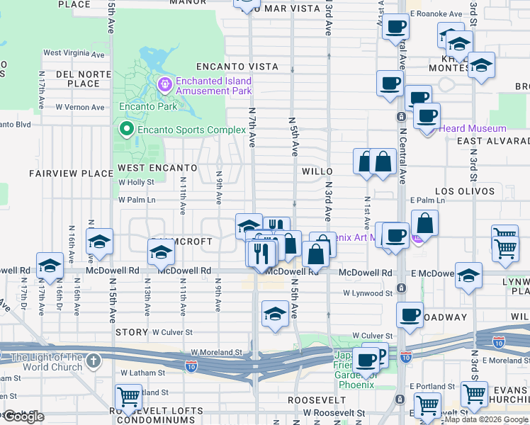 map of restaurants, bars, coffee shops, grocery stores, and more near 522 West Palm Lane in Phoenix