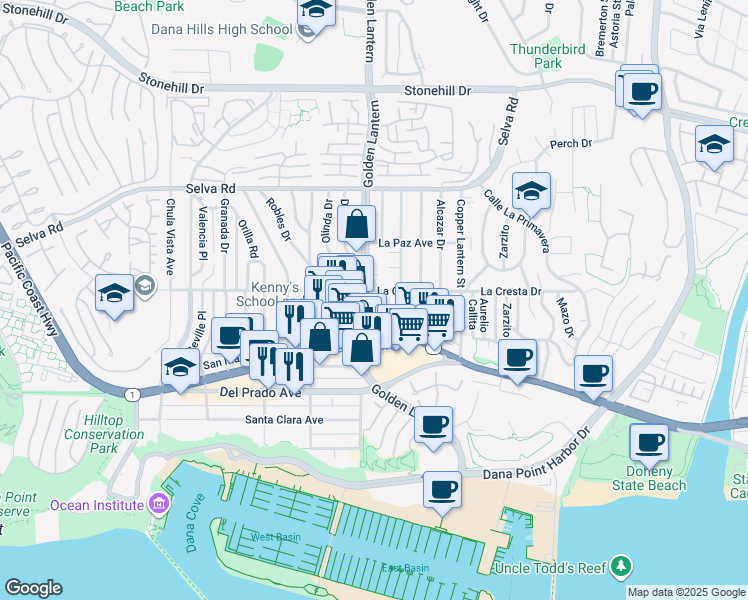 map of restaurants, bars, coffee shops, grocery stores, and more near 33926 Golden Lantern in Dana Point