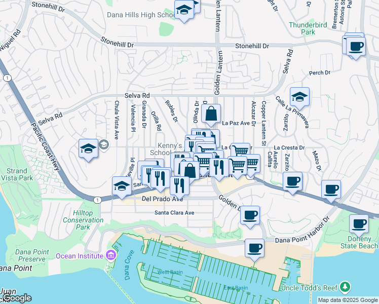 map of restaurants, bars, coffee shops, grocery stores, and more near 33961 Street of the Violet Lantern in Dana Point