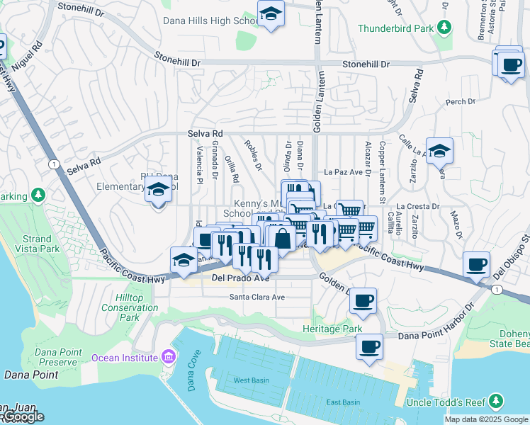 map of restaurants, bars, coffee shops, grocery stores, and more near 33961 Street of the Violet Lantern in Dana Point