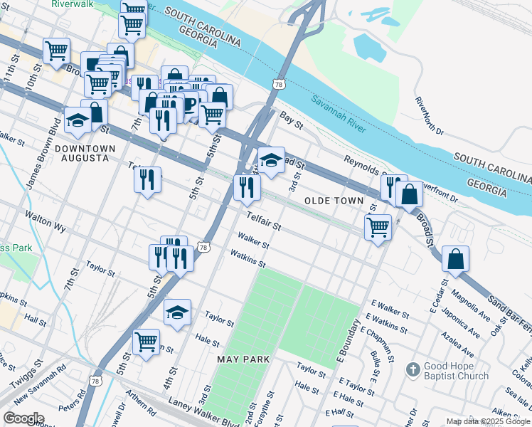 map of restaurants, bars, coffee shops, grocery stores, and more near 312 Greene Street in Augusta