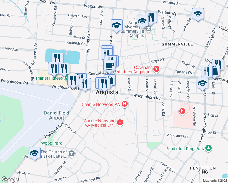map of restaurants, bars, coffee shops, grocery stores, and more near 1541 Craig Street in Augusta