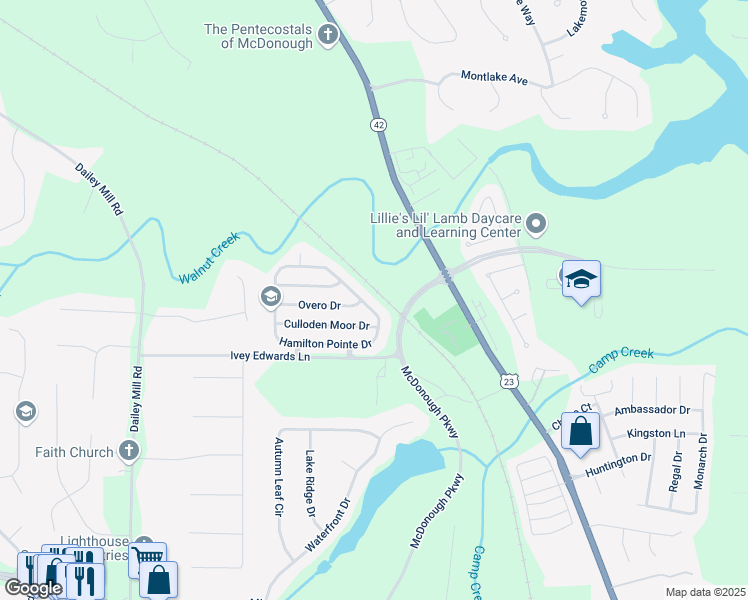 map of restaurants, bars, coffee shops, grocery stores, and more near 303 Hamilton Pointe Drive in McDonough