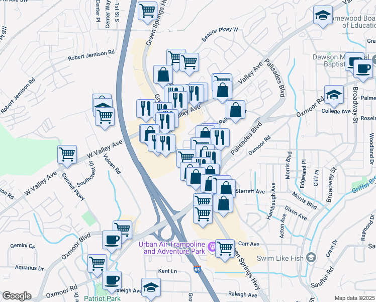 map of restaurants, bars, coffee shops, grocery stores, and more near 2732 Temple Crest Drive in Birmingham