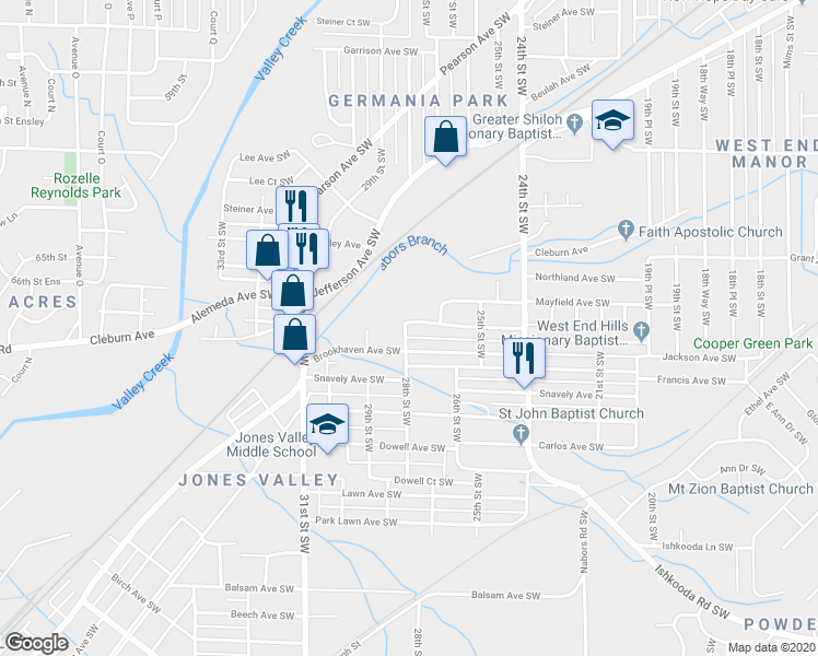 map of restaurants, bars, coffee shops, grocery stores, and more near 2716 Powderly Avenue Southwest in Birmingham