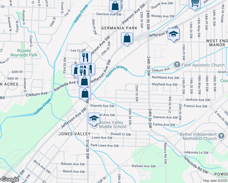 map of restaurants, bars, coffee shops, grocery stores, and more near 2716 Powderly Avenue Southwest in Birmingham