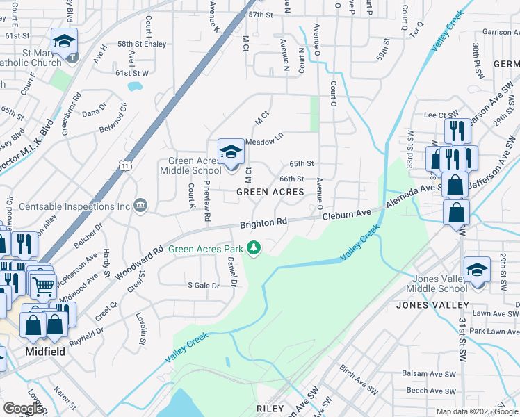 map of restaurants, bars, coffee shops, grocery stores, and more near 6617 Avenue North in Birmingham