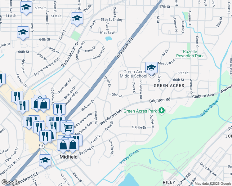 map of restaurants, bars, coffee shops, grocery stores, and more near 109 Vann Street in Birmingham