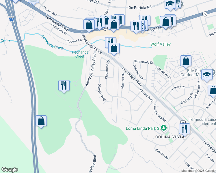 map of restaurants, bars, coffee shops, grocery stores, and more near 45546 Clubhouse Drive in Temecula