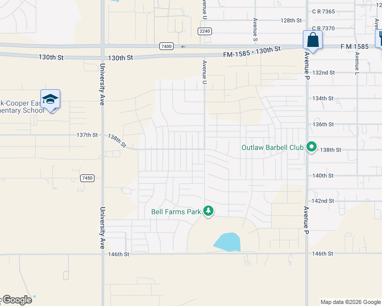 map of restaurants, bars, coffee shops, grocery stores, and more near 13611 Avenue V in Lubbock