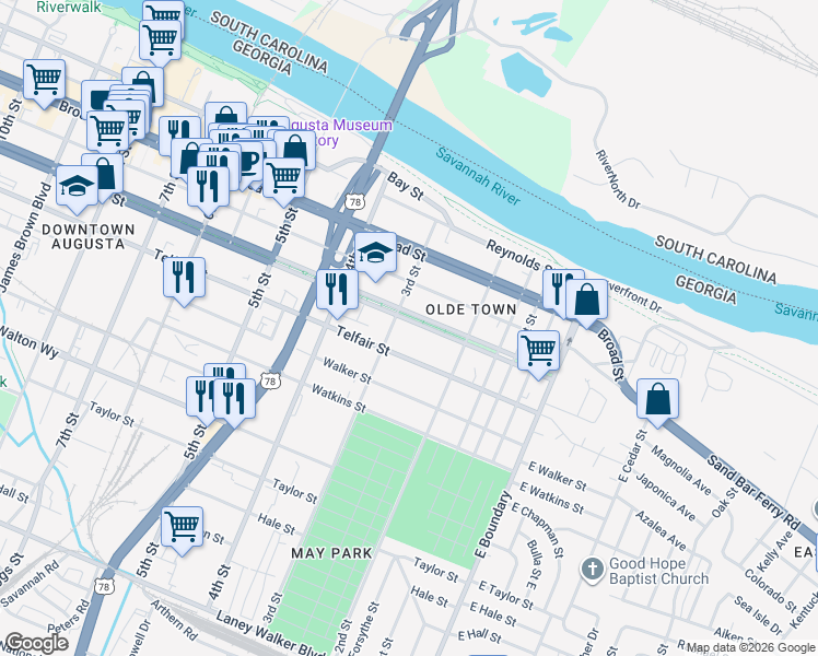 map of restaurants, bars, coffee shops, grocery stores, and more near 247 Greene Street in Augusta