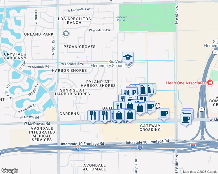 map of restaurants, bars, coffee shops, grocery stores, and more near 1929 North 103rd Lane in Avondale