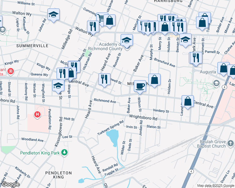 map of restaurants, bars, coffee shops, grocery stores, and more near 1103 Hogan Street in Augusta
