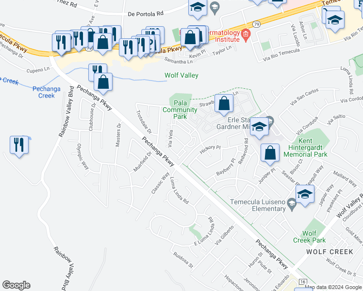 map of restaurants, bars, coffee shops, grocery stores, and more near 45763 Via Nubes in Temecula