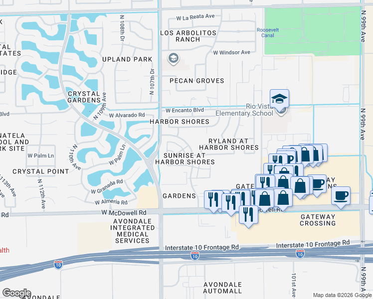 map of restaurants, bars, coffee shops, grocery stores, and more near 10472 West Palm Lane in Avondale