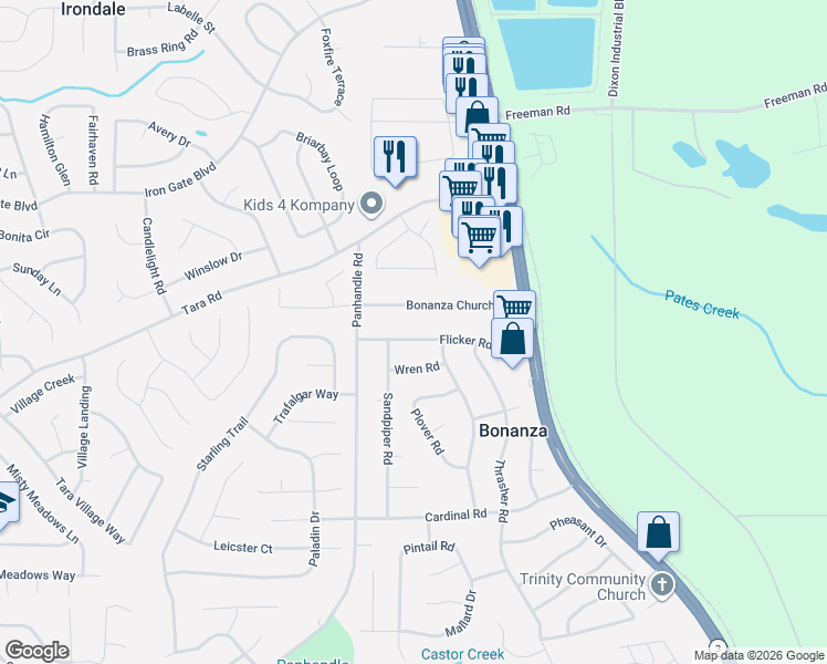 map of restaurants, bars, coffee shops, grocery stores, and more near 1567 Bonanza Church Road in Jonesboro