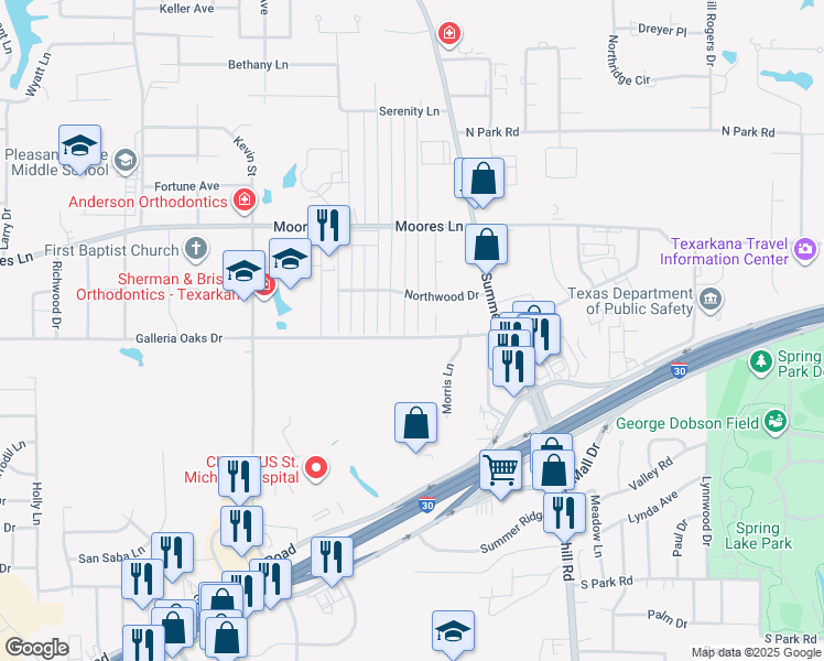 map of restaurants, bars, coffee shops, grocery stores, and more near 3A Fernwood Drive in Texarkana