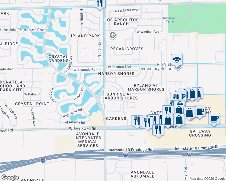 map of restaurants, bars, coffee shops, grocery stores, and more near 2013 North 106th Drive in Avondale