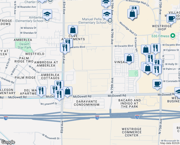 map of restaurants, bars, coffee shops, grocery stores, and more near 8100 West Palm Lane in Phoenix