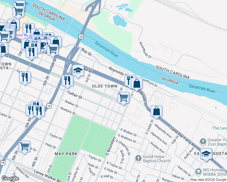 map of restaurants, bars, coffee shops, grocery stores, and more near 125 Ellis Street in Augusta