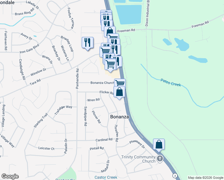 map of restaurants, bars, coffee shops, grocery stores, and more near 1646 Flicker Road in Jonesboro