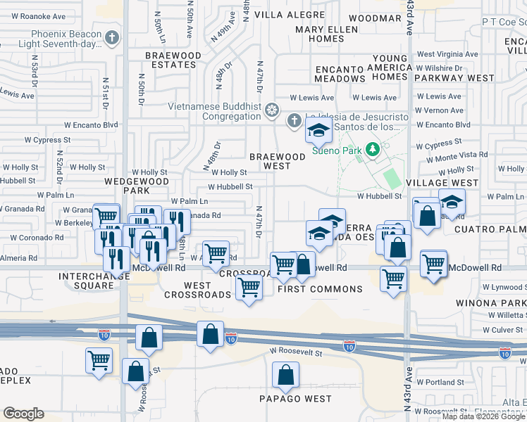 map of restaurants, bars, coffee shops, grocery stores, and more near 2002 North 47th Drive in Phoenix