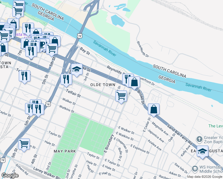 map of restaurants, bars, coffee shops, grocery stores, and more near 125 Ellis Street in Augusta