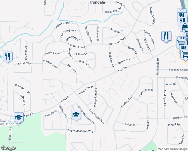 map of restaurants, bars, coffee shops, grocery stores, and more near 1185 Sunday Lane in Jonesboro