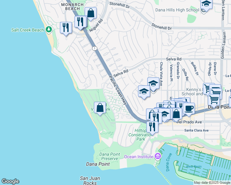 map of restaurants, bars, coffee shops, grocery stores, and more near 34012 Selva Road in Dana Point