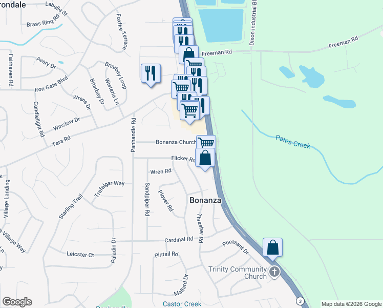 map of restaurants, bars, coffee shops, grocery stores, and more near 1646 Flicker Road in Jonesboro