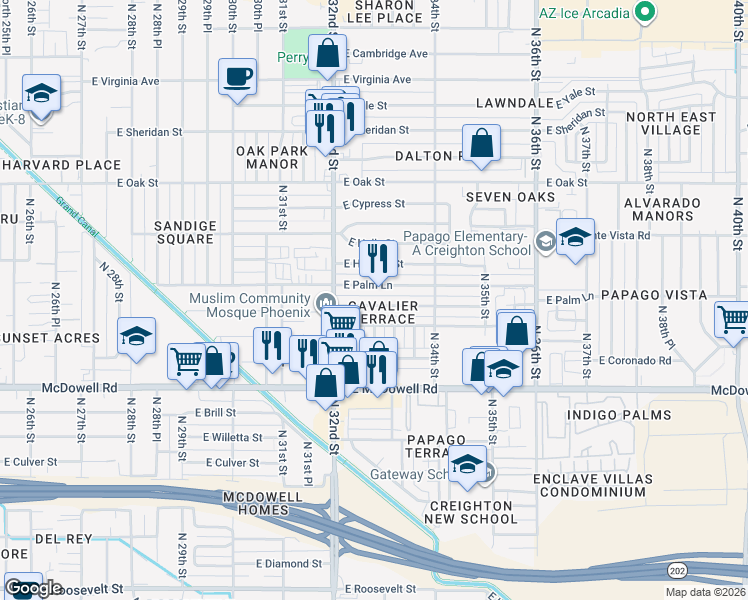 map of restaurants, bars, coffee shops, grocery stores, and more near 3246 East Palm Lane in Phoenix