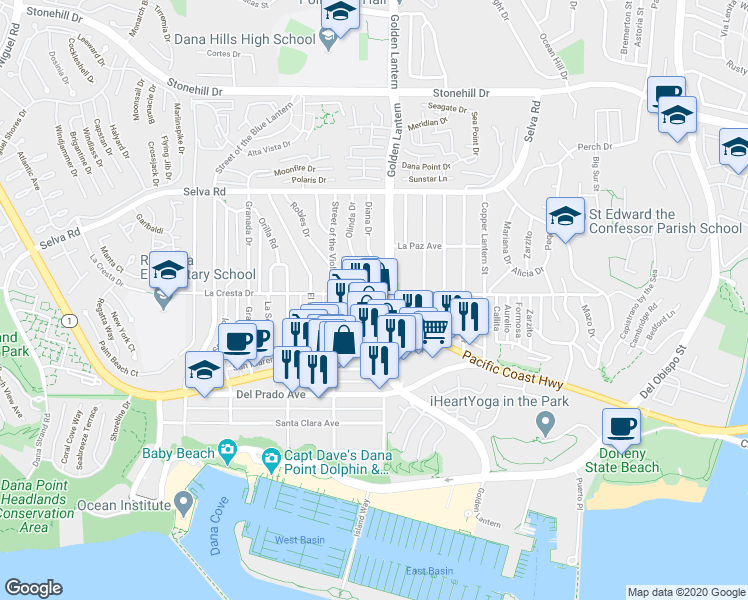 map of restaurants, bars, coffee shops, grocery stores, and more near 24716 La Cresta Drive in Dana Point