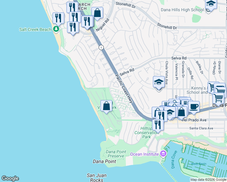 map of restaurants, bars, coffee shops, grocery stores, and more near in MONARCH BAY