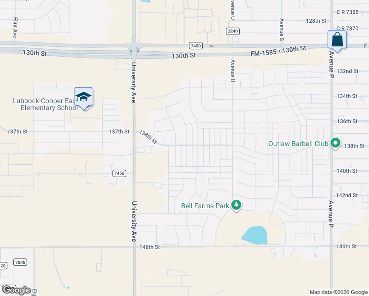 map of restaurants, bars, coffee shops, grocery stores, and more near 13618 Avenue W in Lubbock