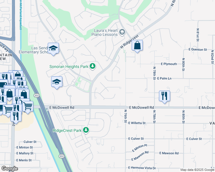 map of restaurants, bars, coffee shops, grocery stores, and more near 2947 North Avoca Circle in Mesa